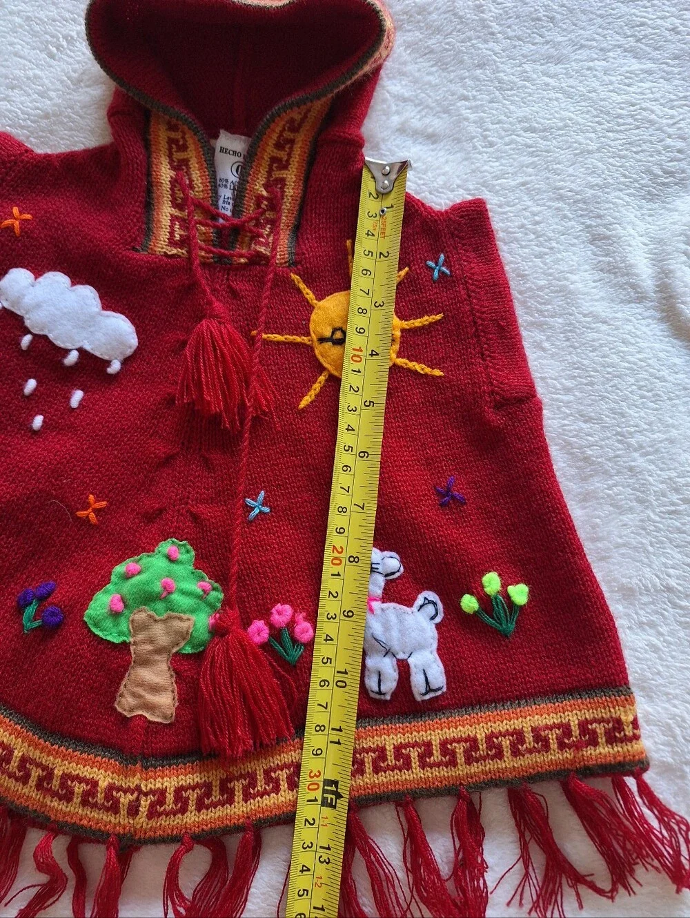 Handmade Peru Kids Hooded Poncho Sweater Red Llama Front Back 3D Infant 0 6-12M